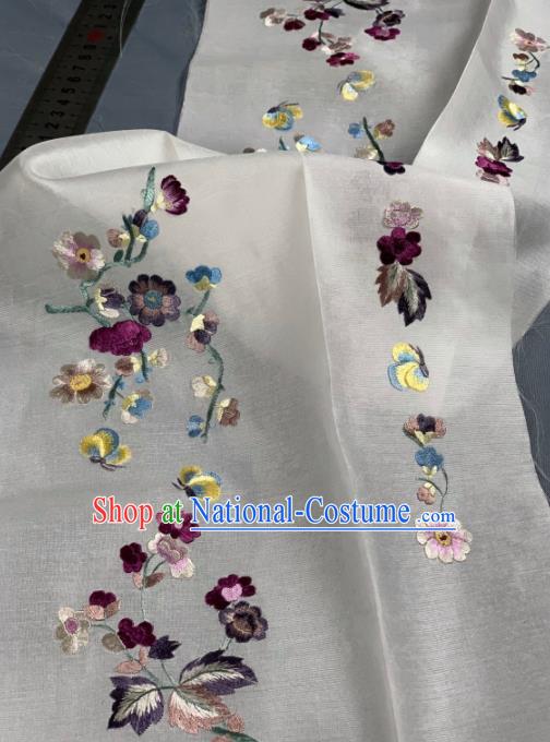 Chinese Classical Embroidered Plum Pattern Design White Silk Fabric Asian Traditional Hanfu Brocade Material