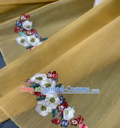 Chinese Classical Embroidered Peach Blossom Pattern Design Yellow Silk Fabric Asian Traditional Hanfu Brocade Material