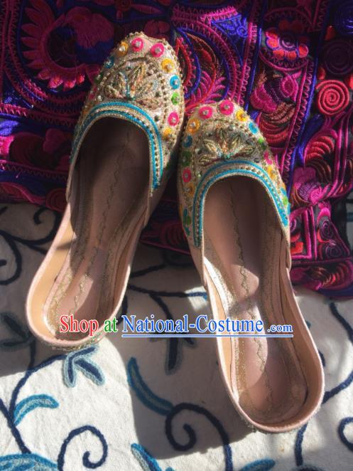 Asian India Traditional Embroidered Beads Pink Leather Shoes Indian Handmade Shoes for Women