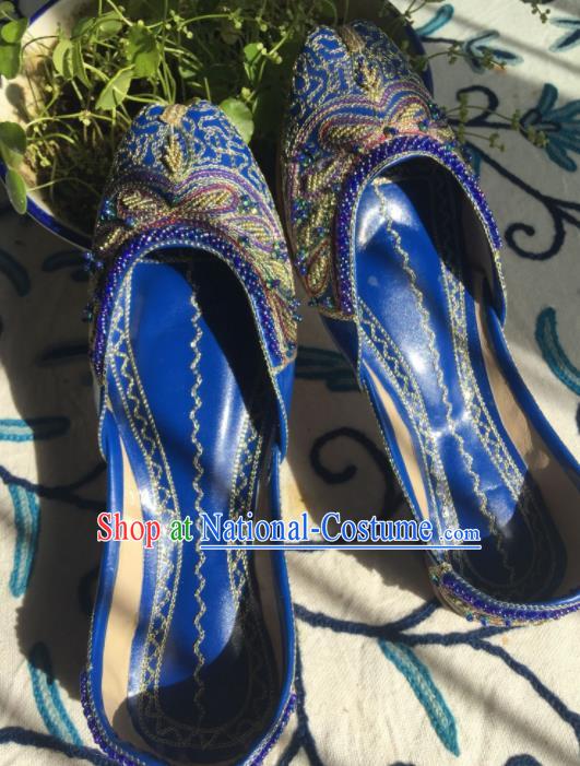 Asian India Traditional Bride Embroidered Royalblue Leather Shoes Indian Handmade Shoes for Women