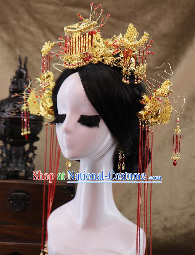 Traditional Chinese Wedding Golden Crane Hair Crown Tassel Hairpins Headdress Ancient Bride Hair Accessories for Women