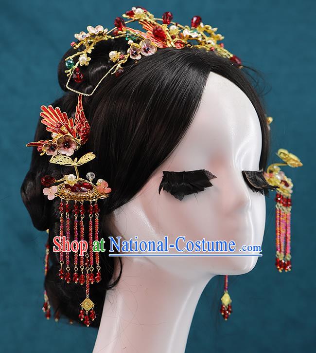 Traditional Chinese Wedding Cloisonne Red Phoenix Hair Crown Tassel Hairpins Headdress Ancient Bride Hair Accessories for Women