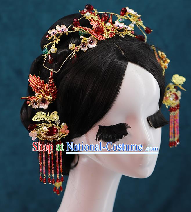 Traditional Chinese Wedding Cloisonne Red Phoenix Hair Crown Tassel Hairpins Headdress Ancient Bride Hair Accessories for Women