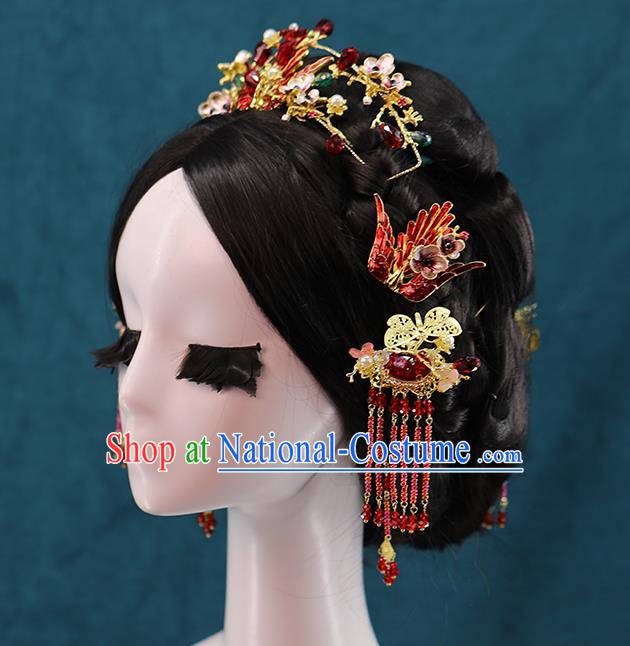 Traditional Chinese Wedding Cloisonne Red Phoenix Hair Crown Tassel Hairpins Headdress Ancient Bride Hair Accessories for Women