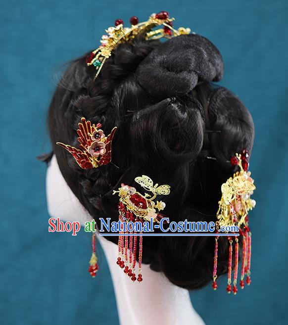 Traditional Chinese Wedding Cloisonne Red Phoenix Hair Crown Tassel Hairpins Headdress Ancient Bride Hair Accessories for Women