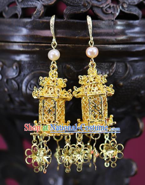 Traditional Chinese Handmade Qing Dynasty Golden Earrings Ancient Hanfu Ear Accessories for Women