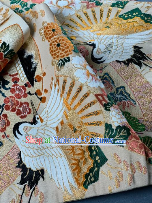 Asian Japanese Traditional Crane Plum Pattern Design Beige Brocade Fabric Silk Fabric Tapestry Satin