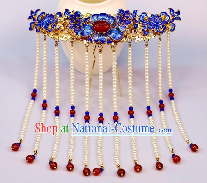 Traditional Chinese Handmade Pearls Tassel Cloisonne Hairpins Headdress Ancient Hanfu Hair Accessories for Women