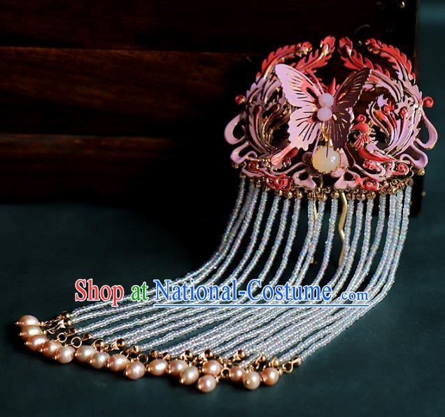 Traditional Chinese Handmade Pearls Tassel Pink Butterfly Hair Comb Headdress Ancient Hanfu Hair Accessories for Women