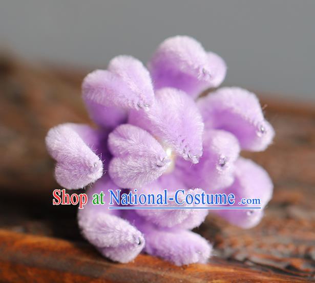 Traditional Chinese Handmade Lilac Velvet Chrysanthemum Hairpin Headdress Ancient Hanfu Hair Accessories for Women