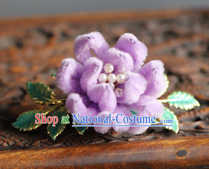 Traditional Chinese Handmade Lilac Velvet Chrysanthemum Hair Comb Headdress Ancient Hanfu Hair Accessories for Women