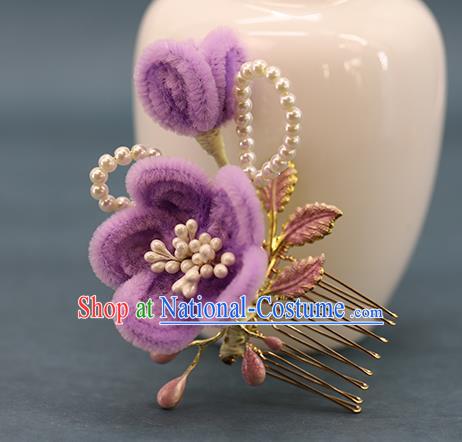 Traditional Chinese Handmade Lilac Velvet Plum Hair Comb Headdress Ancient Hanfu Hair Accessories for Women