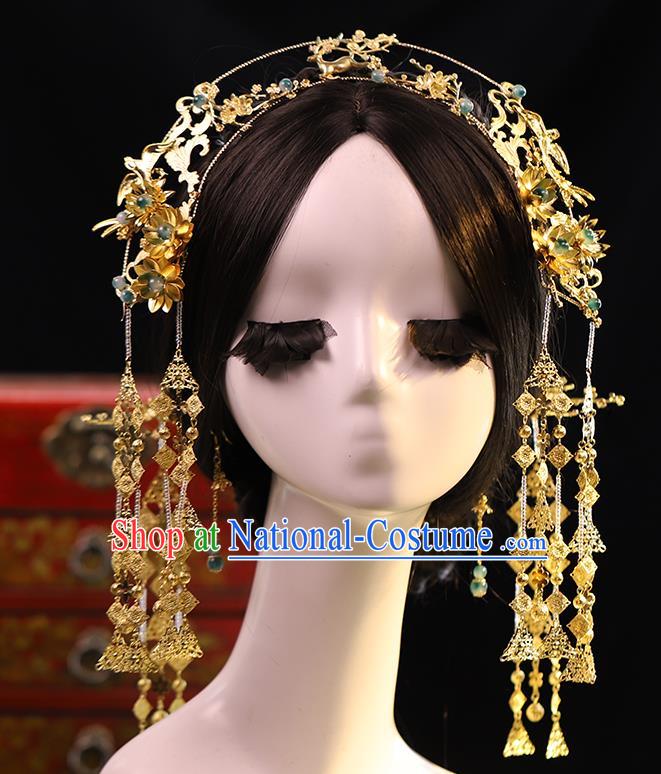 Traditional Chinese Wedding Brass Phoenix Coronet Hairpins Headdress Ancient Bride Hair Accessories for Women