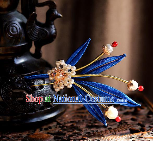 Traditional Chinese Handmade Royalblue Leaf Hairpin Headdress Ancient Hanfu Hair Accessories for Women