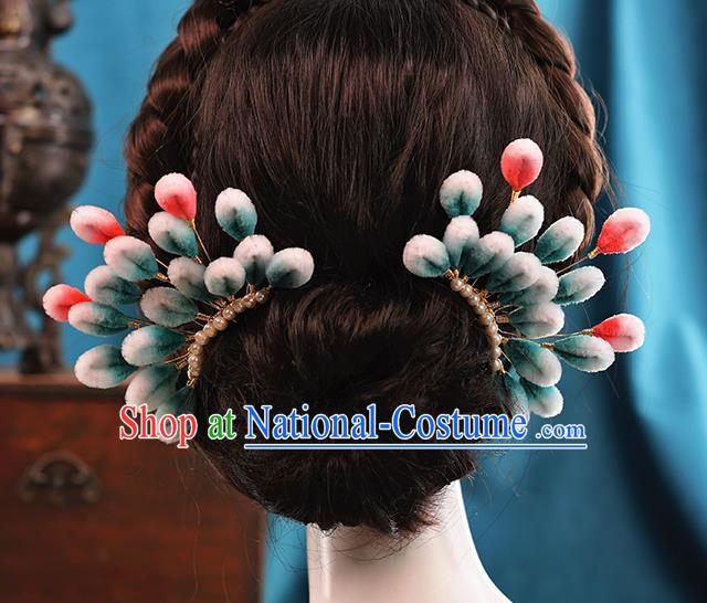 Traditional Chinese Handmade Blue Velvet Flowers Hairpin Headdress Ancient Hanfu Hair Accessories for Women