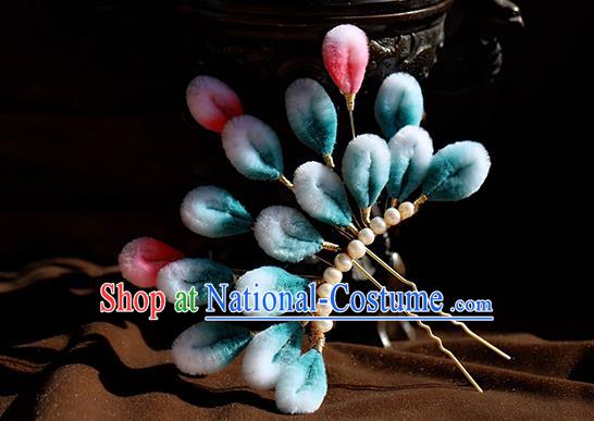 Traditional Chinese Handmade Blue Velvet Flowers Hairpin Headdress Ancient Hanfu Hair Accessories for Women