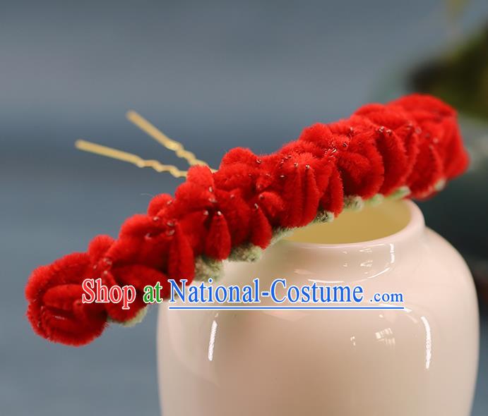 Traditional Chinese Handmade Red Velvet Flowers Hairpin Headdress Ancient Hanfu Hair Accessories for Women