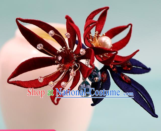 Traditional Chinese Handmade Red Flowers Hairpin Headdress Ancient Hanfu Hair Accessories for Women