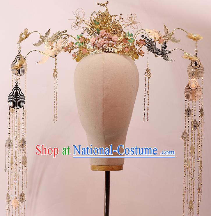 Traditional Chinese Wedding Golden Phoenix Coronet Hairpins Headdress Ancient Queen Hair Accessories for Women