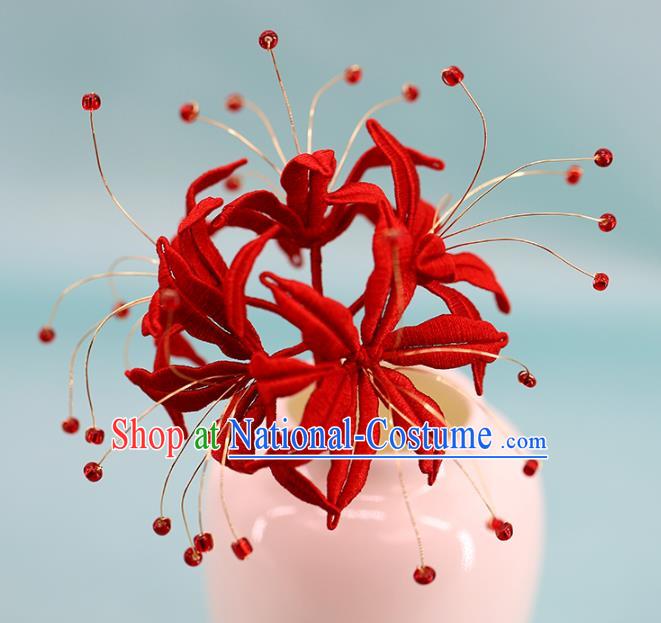 Traditional Chinese Handmade Red Spider Lily Hairpin Headdress Ancient Hanfu Hair Accessories for Women