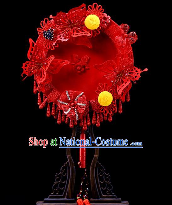 Traditional Chinese Handmade Red Butterfly Round Fans Ancient Hanfu Wedding Palace Fan for Women