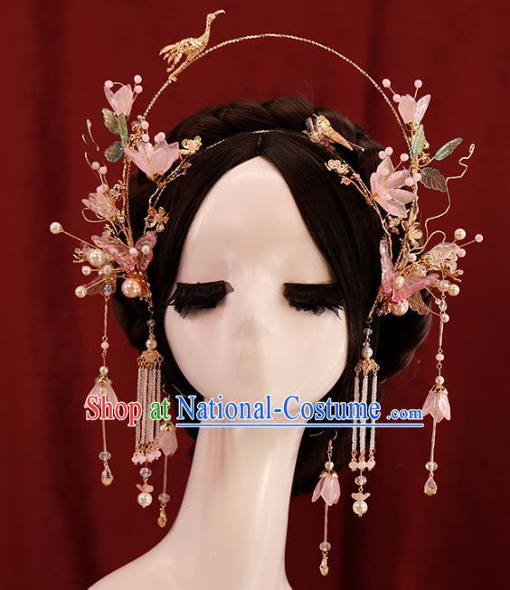 Traditional Chinese Wedding Pink Flowers Crane Hair Crown Headdress Ancient Queen Hair Accessories for Women