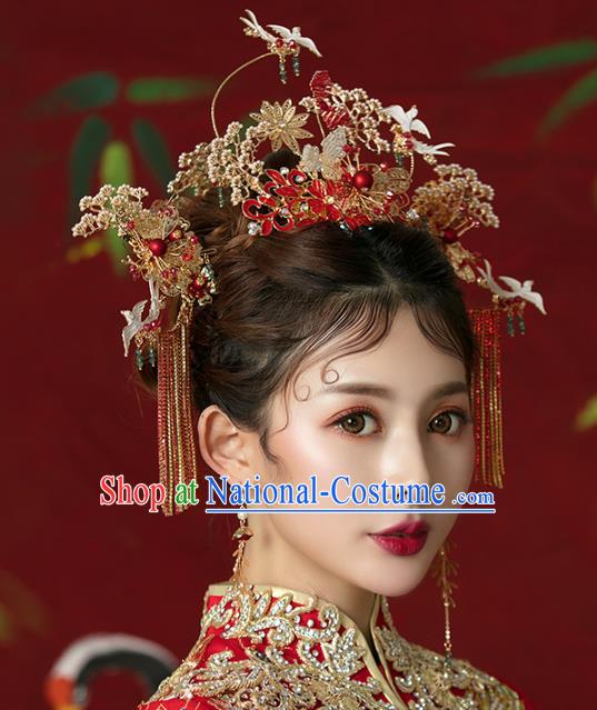 Traditional Chinese Wedding Cloisonne Red Hair Crown Tassel Hairpins Headdress Ancient Bride Hair Accessories for Women