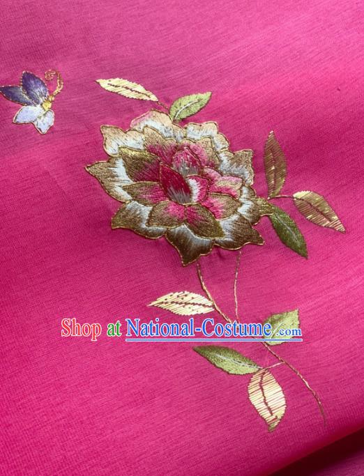 Asian Chinese Traditional Embroidered Flowers Pattern Design Rosy Silk Fabric Hanfu Material