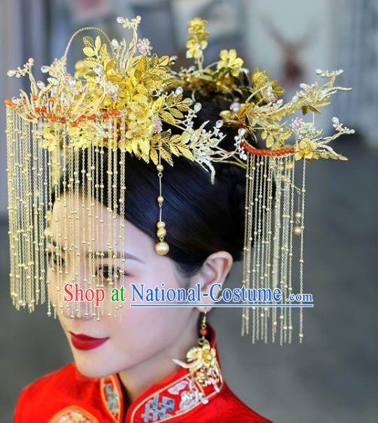 Traditional Chinese Golden Phoenix Coronet Tassel Hairpins Headdress Ancient Bride Hair Accessories for Women