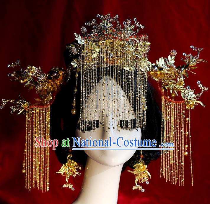 Traditional Chinese Golden Phoenix Coronet Tassel Hairpins Headdress Ancient Bride Hair Accessories for Women