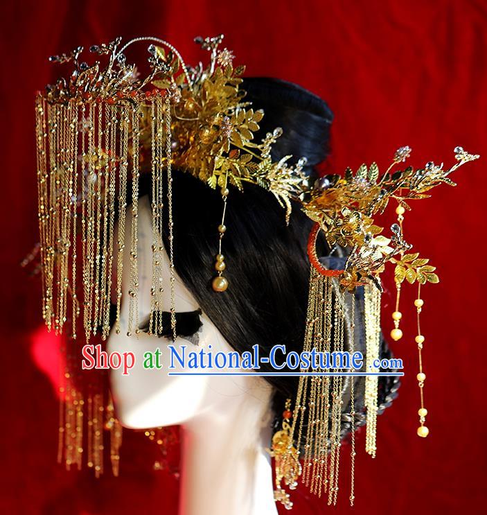 Traditional Chinese Golden Phoenix Coronet Tassel Hairpins Headdress Ancient Bride Hair Accessories for Women