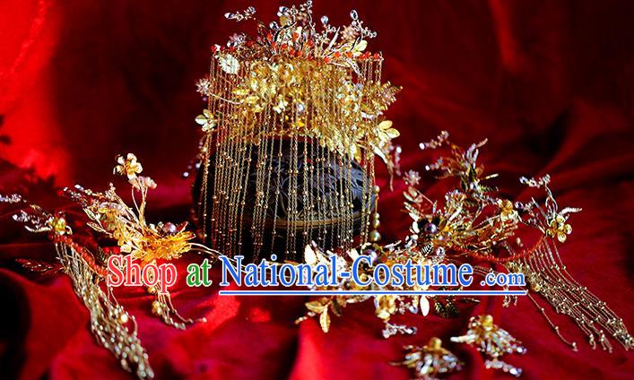 Traditional Chinese Golden Phoenix Coronet Tassel Hairpins Headdress Ancient Bride Hair Accessories for Women