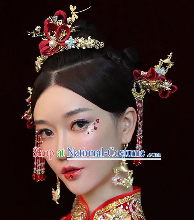 Traditional Chinese Wedding Hair Crown Red Flower Hairpins Headdress Ancient Bride Hair Accessories for Women