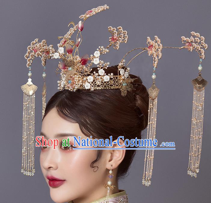 Traditional Chinese Wedding Pine Phoenix Coronet Hairpins Headdress Ancient Bride Hair Accessories for Women