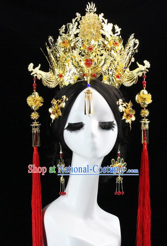 Traditional Chinese Wedding Golden Phoenix Coronet Hairpins Headdress Ancient Bride Hair Accessories for Women