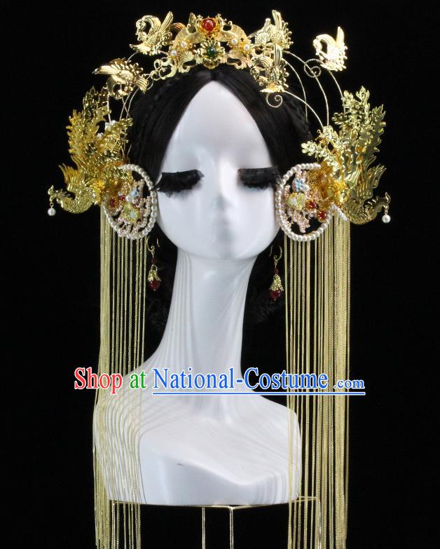 Traditional Chinese Wedding Pearls Golden Phoenix Coronet Hairpins Headdress Ancient Bride Hair Accessories for Women