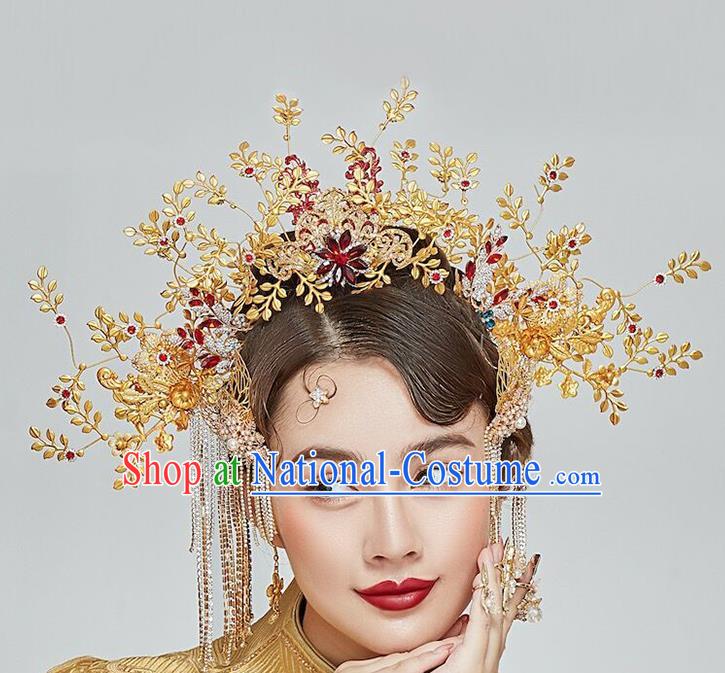 Traditional Chinese Wedding Golden Hair Crown Tassel Hairpins Headdress Ancient Bride Hair Accessories for Women