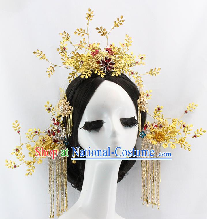 Traditional Chinese Wedding Golden Hair Crown Tassel Hairpins Headdress Ancient Bride Hair Accessories for Women