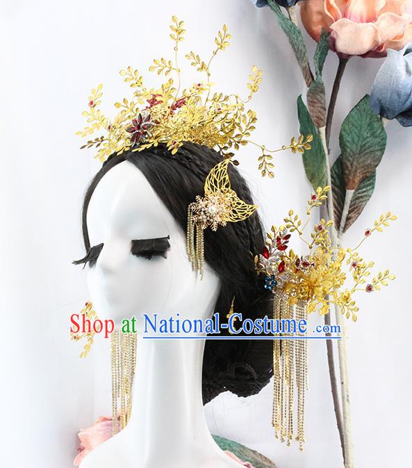 Traditional Chinese Wedding Golden Hair Crown Tassel Hairpins Headdress Ancient Bride Hair Accessories for Women