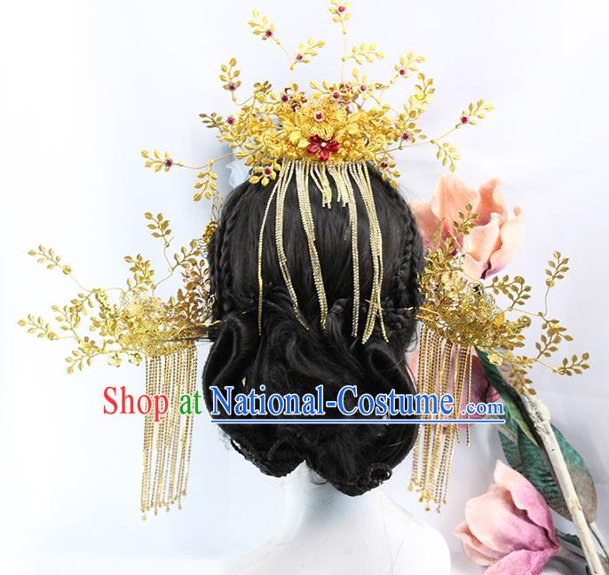 Traditional Chinese Wedding Golden Hair Crown Tassel Hairpins Headdress Ancient Bride Hair Accessories for Women