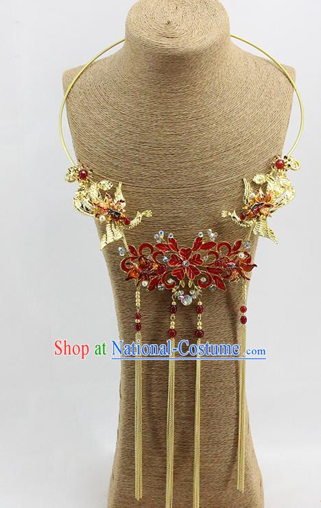 Traditional Chinese Wedding Golden Phoenix Necklace Ancient Bride Handmade Necklet Accessories for Women