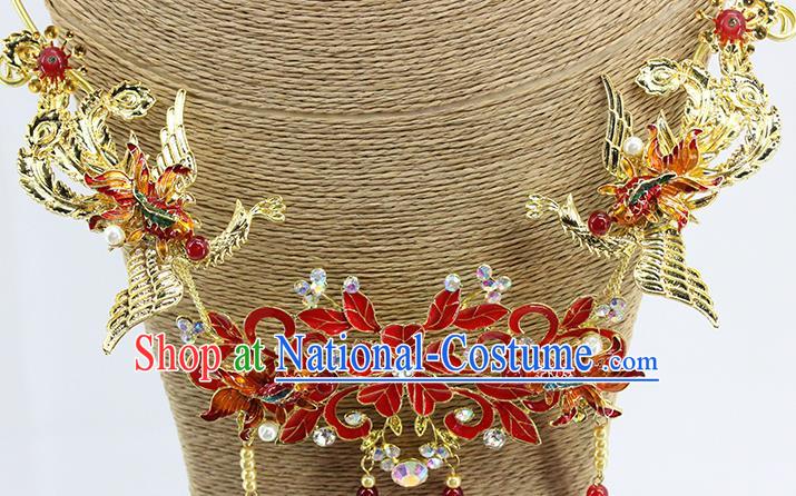 Traditional Chinese Wedding Golden Phoenix Necklace Ancient Bride Handmade Necklet Accessories for Women