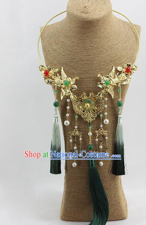 Traditional Chinese Wedding Green Tassel Necklace Ancient Bride Handmade Golden Phoenix Necklet Accessories for Women