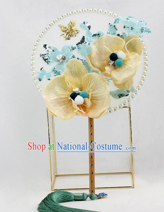 Traditional Chinese Handmade Phalaenopsis Round Fans Ancient Hanfu Wedding Palace Fan for Women