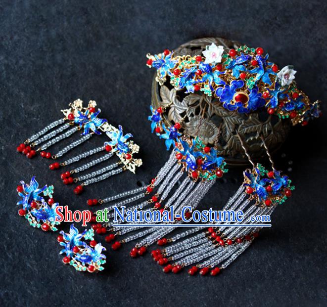 Traditional Chinese Wedding Cloisonne Hair Comb Tassel Hairpins Headdress Ancient Bride Hair Accessories for Women