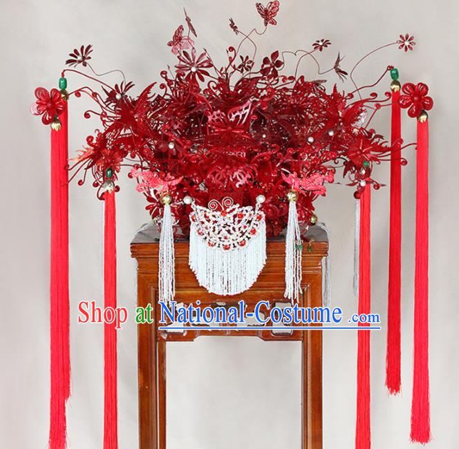 Traditional Chinese Opera Red Phoenix Coronet Hairpins Headdress Ancient Wedding Hair Accessories for Women