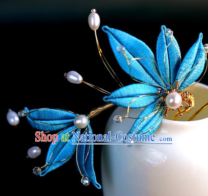 Traditional Chinese Handmade Blue Leaf Hairpin Headdress Ancient Hanfu Hair Accessories for Women