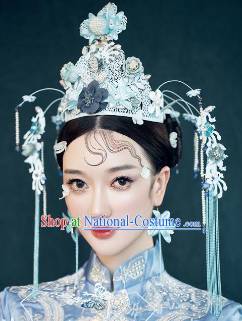 Traditional Chinese Blue Flowers Phoenix Coronet Tassel Hairpins Headdress Ancient Bride Hair Accessories for Women