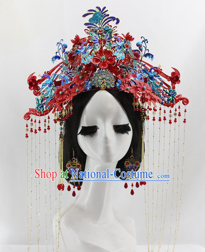 Traditional Chinese Opera Cloisonne Red Phoenix Coronet Hairpins Headdress Ancient Wedding Hair Accessories for Women