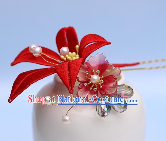 Traditional Chinese Handmade Red Silk Flower Hairpin Headdress Ancient Hanfu Hair Accessories for Women